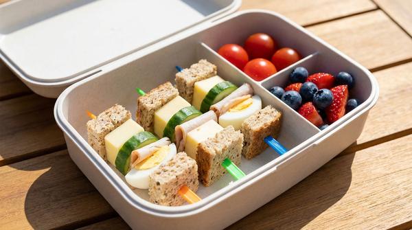 Mini-Sandwich-Spieße mit Vollkornbrot, Käse und Gemüse in einer Brotdose für Kinder.