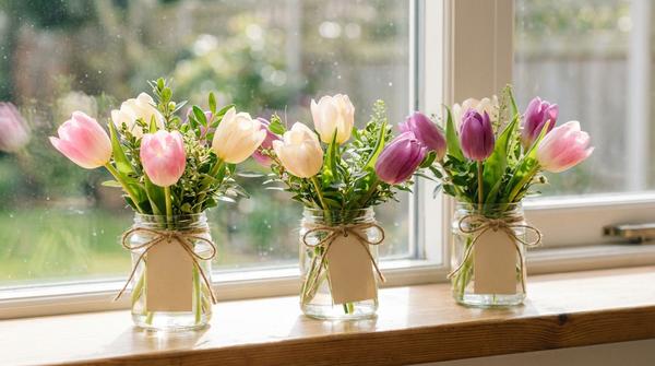 Drei Marmeladengläser mit Jutekordel als Mini-Vasen mit Tulpen auf einer Fensterbank.