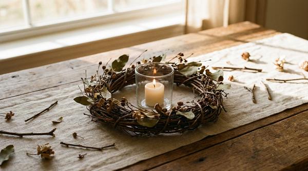 Kleiner Zweigkranz als Tischdeko mit Kerze im Glas in der Mitte