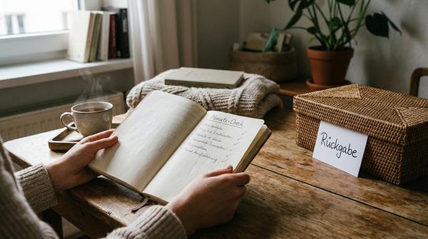 Notizbuch mit Monats-Check und eine Rückgabe-Ecke helfen, Konsum im Alltag stressfrei zu reduzieren.