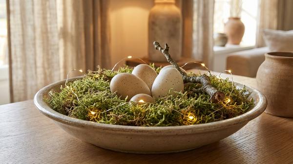 Flache Schale mit Moos, natürlichen Eiern und kleinem Aststück als Deko-Akzent