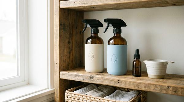 Du siehst wiederverwendbare Sprühflaschen und ein Konzentrat, das zum Nachfüllen abgemessen wird.