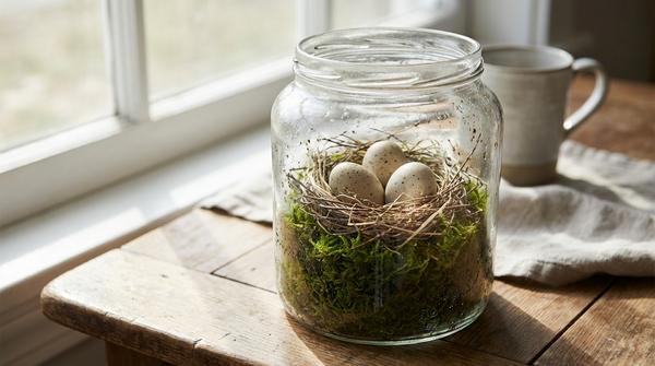 Glas mit Moosboden und kleinem Nest aus Zweigen, darin dekorative Eier