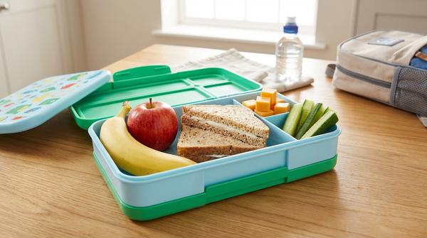 Einfache gesunde Notfall-Brotdose mit Vollkornbrot, Banane, Käse und Gurkensticks.