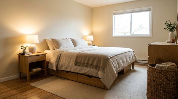 Großer Schlafzimmer-Ausschnitt mit aufgeräumten Flächen, Korb für Kleinkram und unauffälliger Aufbewahrung unter dem Bett.