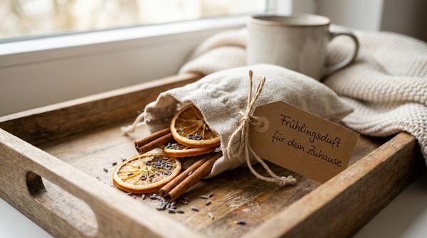 Leinensäckchen mit Potpourri aus Orangenscheiben, Zimtstangen und Lavendel, dekoriert mit Juteband und Etikett.
