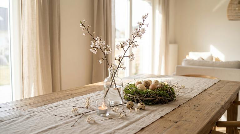 Gemütliche Oster-Tischdeko mit blühenden Zweigen in Vase, Moos-Arrangement, Eiern und Kerze in natürlichen Farben