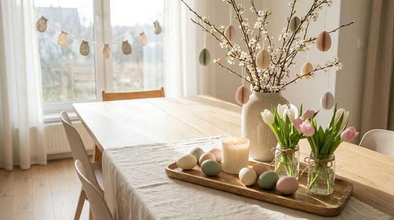 Frühlingshaft dekorierter Tisch mit DIY-Osterdeko aus Eiern, Zweigen, Tulpen und einem Deko-Tablett.