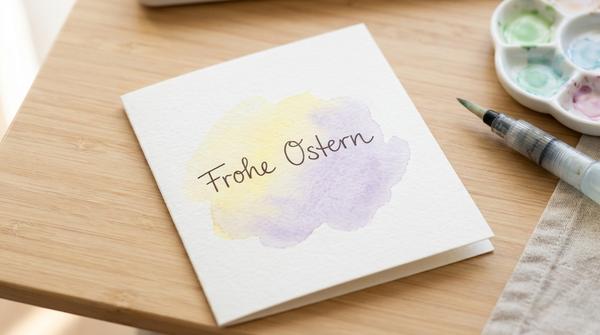 Osterkarte mit einem Pastell-Aquarellklecks und schlichtem Gruß in klaren Druckbuchstaben.