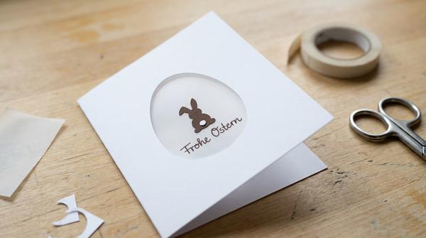 Osterkarte mit ausgeschnittenem Ei-Fenster und Transparentpapier dahinter, durch das ein Gruß leicht durchscheint.