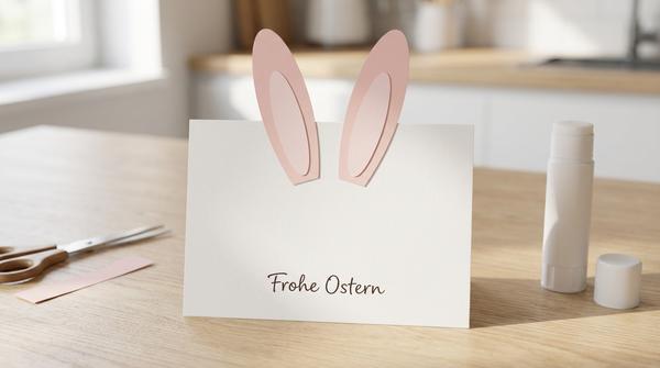 Schlichte Osterkarte mit zwei ausgeschnittenen Hasenohren aus Pastellpapier auf weißem Karton.