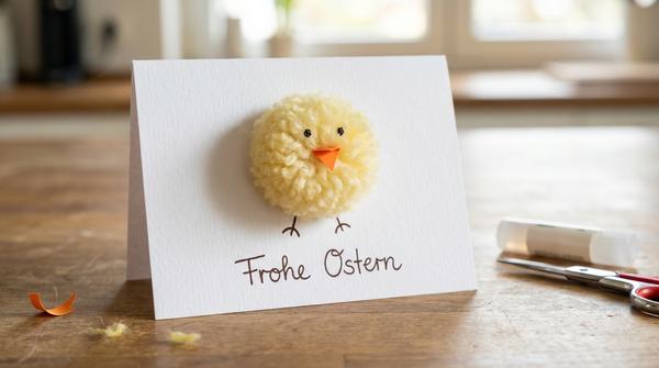 Osterkarte mit einem gelben Pompon als Kükenkörper, kleinem Schnabel aus Papier und aufgemalten Augen.