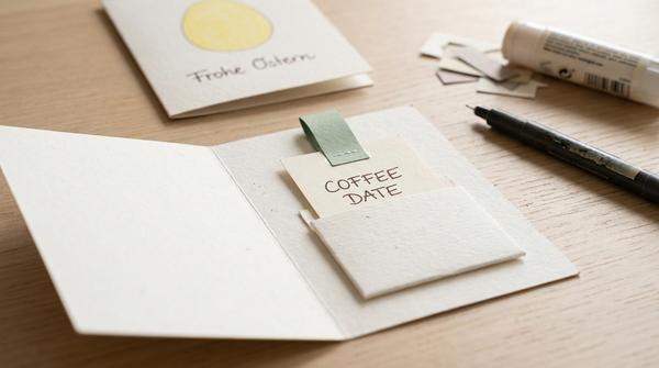 Geöffnete Osterkarte mit kleiner Innentasche und herausziehbarem Gutscheinstreifen mit Lasche.