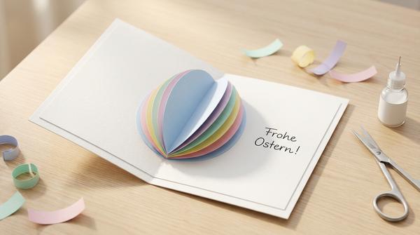 Selbstgemachte Osterkarte mit Pop-up-Osterei aus Papier für einen einfachen 3D-Effekt innen