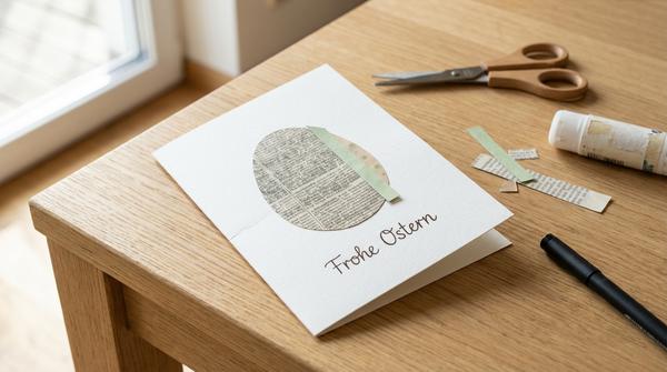 Osterkarte mit aufgeklebtem Zeitungsausschnitt und pastellfarbenem Papier-Akzent auf weißem Karton.