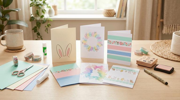 Mehrere selbstgemachte Osterkarten in Pastellfarben liegen auf einem hellen Basteltisch mit Schere, Kleber und Washi Tape.