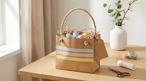 Ein Osterkörbchen aus einer gekürzten Papiertüte mit Juteschnur-Henkel, Washi-Tape-Deko und Papiergras auf einem Basteltisch.