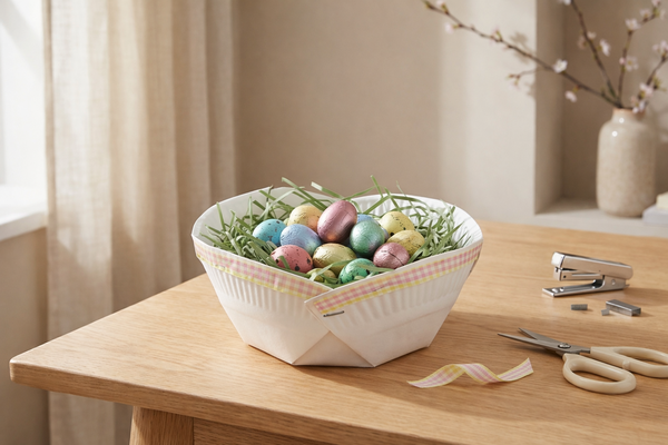 Gefaltetes Osterkörbchen aus einem Pappteller mit hochgeklappten Seiten, Band am Rand und Papiergras auf hellem Basteltisch.