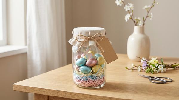 Ein Einmachglas mit Papiergras und Schokoeiern, dekoriert mit Stoff am Deckel und Juteschnur als Oster-Geschenk im Glas.