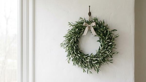 Du siehst einen schlichten Olivenzweig-Kranz an einer hellen Wand mit einer kleinen Leinen-Schleife.