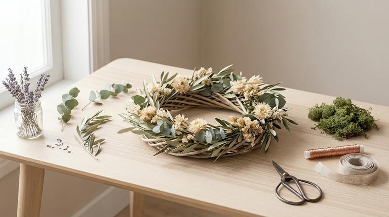 Du siehst einen modernen, natürlichen Osterkranz auf einem Holztisch mit passenden Materialien wie Eukalyptus, Moos und Trockenblumen.