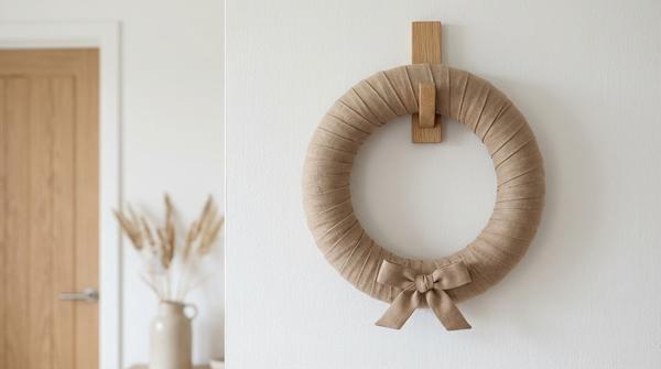 Du siehst einen mit beigem Stoffband umwickelten Osterkranz in einem ruhigen, gemütlichen Look.