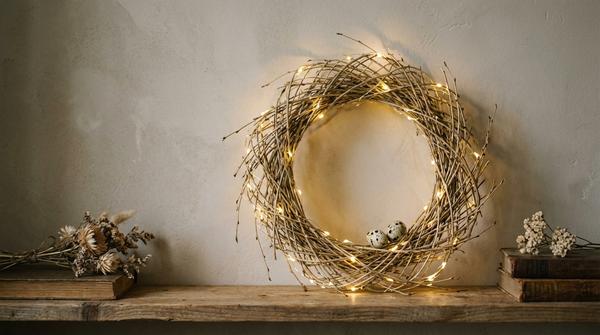Du siehst einen luftigen Zweigkranz mit warmweißer Mini-Lichterkette und einem dezenten Oster-Akzent.