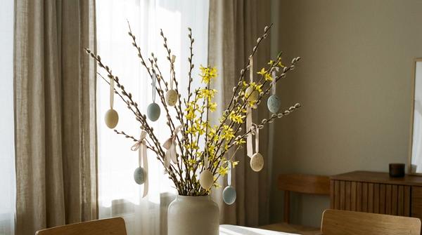 Vase mit Osterzweigen und wenigen hängenden Eiern steht im Fensterlicht und wirkt schlicht und stilvoll.
