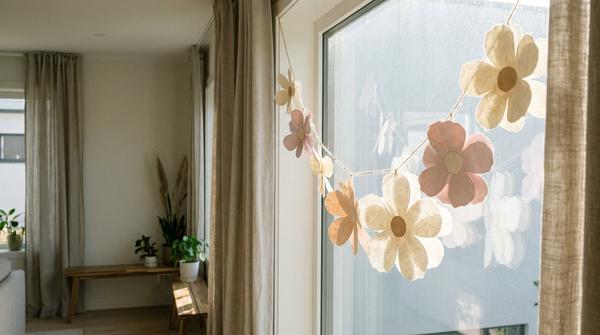 Zarte Girlande aus Papierblumen hängt vor einem hellen Fenster und wirkt luftig und frühlingshaft.