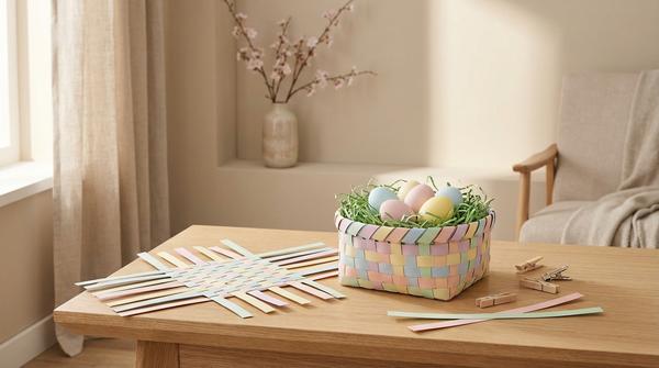 Ein kleines Osterkörbchen mit Flechtmuster aus Papierstreifen in Pastell, daneben eine angefangene Flechtmatte auf einem hellen Basteltisch.