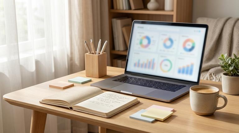 Laptop mit unscharfem Analytics Dashboard auf einem Schreibtisch, Pinterest Strategie Atmosphäre