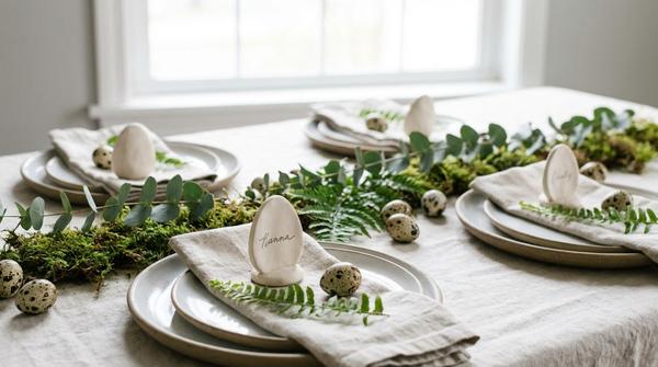 Kleine ei-förmige Platzkarten aus lufttrocknender Modelliermasse auf einem frühlingshaft gedeckten Tisch.