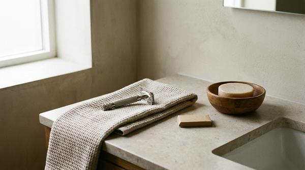 Du siehst einen Rasierhobel aus Metall mit Ersatzklingen auf einem Badezimmerwaschtisch.