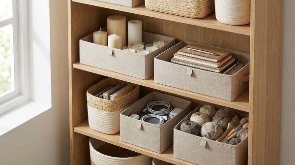 Offenes Regal mit Körben und Stoffboxen, in denen Kleinkram nach Gruppen sortiert ist.