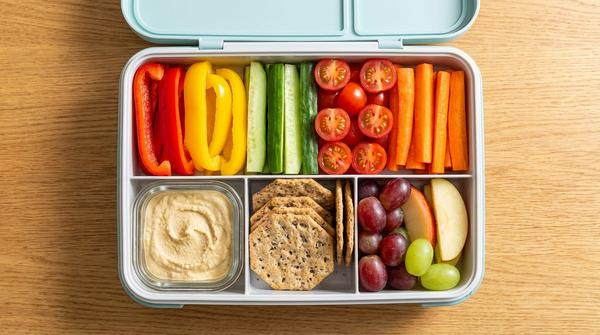 Gesunde Brotdose mit buntem Gemüse, Dip, Vollkorncrackern und Obst in getrennten Fächern.