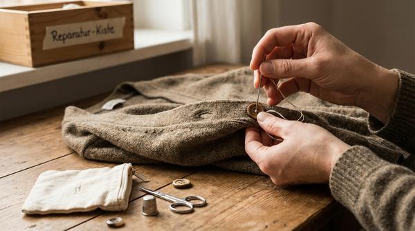 Hände nähen einen Knopf an Kleidung, neben einem kleinen Nähset und einer Reparatur-Kiste.