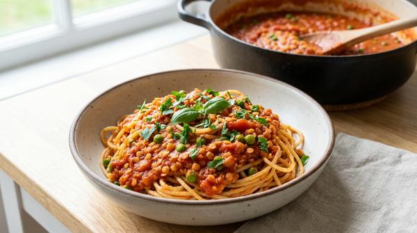 Pasta mit sämiger Tomaten-Linsen-Sauce in einer Schüssel, mit Kräutern bestreut.
