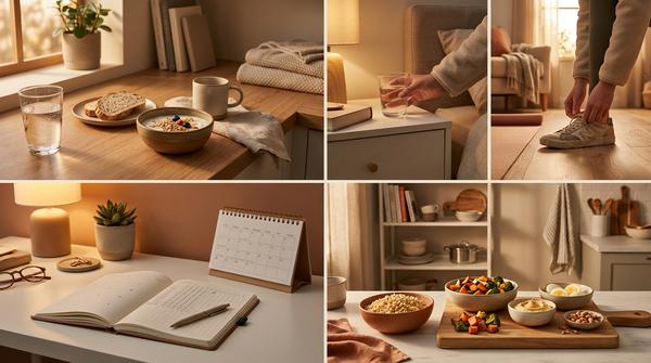 Vierer-Collage im 2x2 Raster bei warmem Abendlicht: ruhige Ecke mit Wasserglas und einfachem Frühstück, Hand stellt Wasser griffbereit oder zieht Sneaker an neben Yogamatte, offenes Habit-Tracker-Notizbuch mit unlesbaren Häkchen und unscharfem Kalender, sowie schnelle Baukasten-Mahlzeit aus Getreide, Gemüse und Protein auf der Arbeitsfläche; leicht wohnlich, minimal und ohne lesbaren Text.
