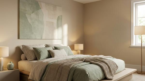 Weiter Blick ins Schlafzimmer mit stimmiger Farbwelt aus Beige und Salbeigrün ohne harte Kontraste.