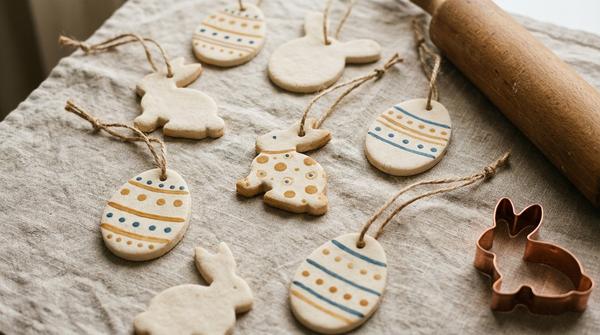 Salzteig-Anhänger in Hasen- und Eierform mit Juteband, teils bemalt mit einfachen Mustern.