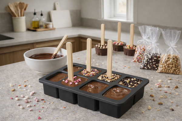 Schoko-Stiele für heiße Milch in einer Silikon-Eiswürfelform mit flüssiger Schokolade, Holzstäbchen und bunten Toppings auf der Kücheninsel