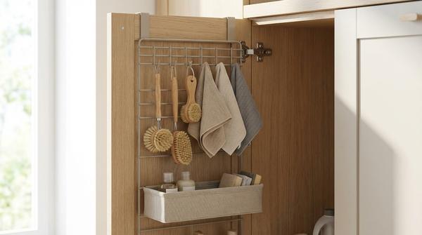 Innenseite einer Schranktür mit Haken und Körbchen für Lappen und kleine Utensilien.
