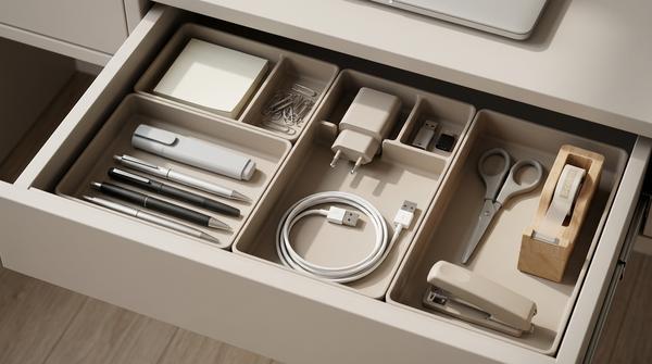 Offene Schublade mit Einsätzen und Boxen, die Kleinteile in klaren Bereichen sortieren.