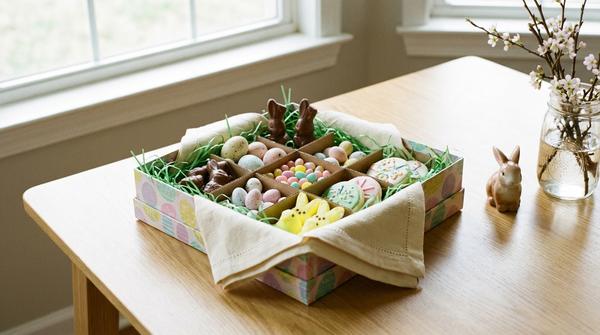 Ein beklebter Schuhkarton als großes Osterkörbchen mit Papiergras, kleinen Fächern und Osterleckereien im Tageslicht.