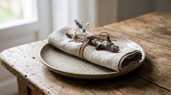 Gerollte Stoffserviette mit Zweig und Juteschnur gebunden, kleine Trockenblume als Detail