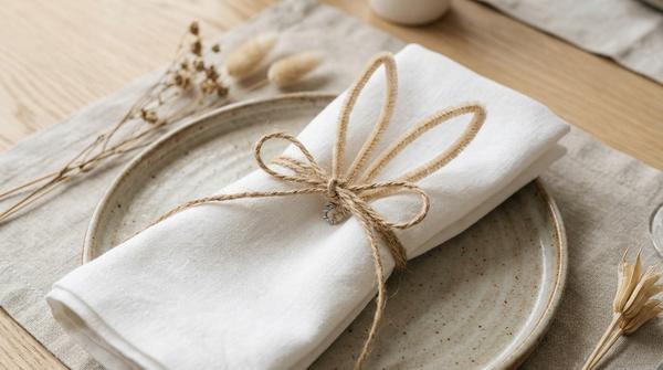 Tischgedeck mit weißer Serviette als Hasenring aus Jutekordel und kleinen Ohren.