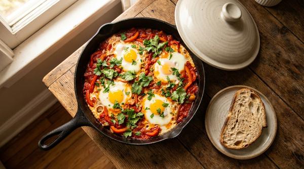 Pfanne mit Tomatensauce und Eiern (Shakshuka), daneben Brot zum Dippen.