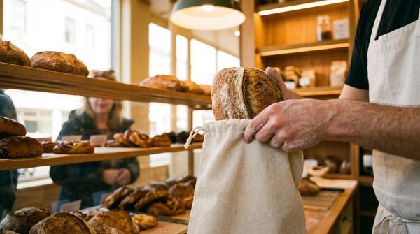 Du siehst, wie ein Brot in einen Stoff-Brotbeutel gelegt wird, statt in eine Einwegtüte.