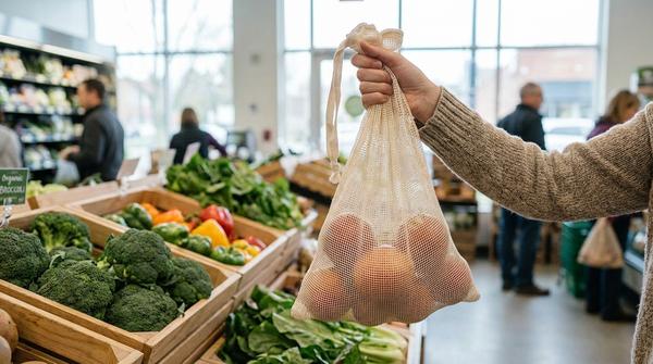 Du siehst ein wiederverwendbares Obstnetz mit Äpfeln in der Hand im Obst- und Gemüsebereich.