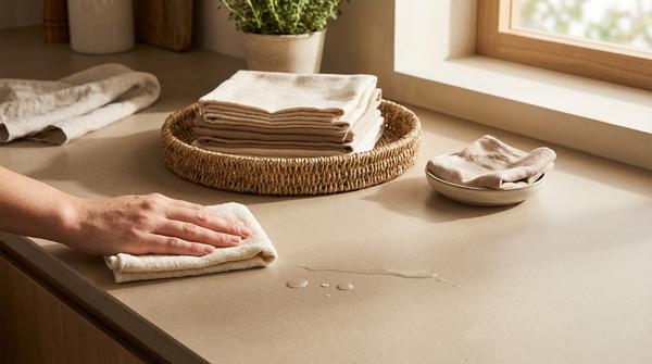Du siehst, wie ein Stofftuch eine kleine Pfütze aufwischt, während Küchenpapier unbenutzt daneben steht.